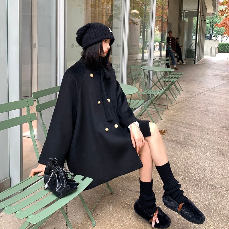 Tie Neck Plain Double Breasted Wool Coat