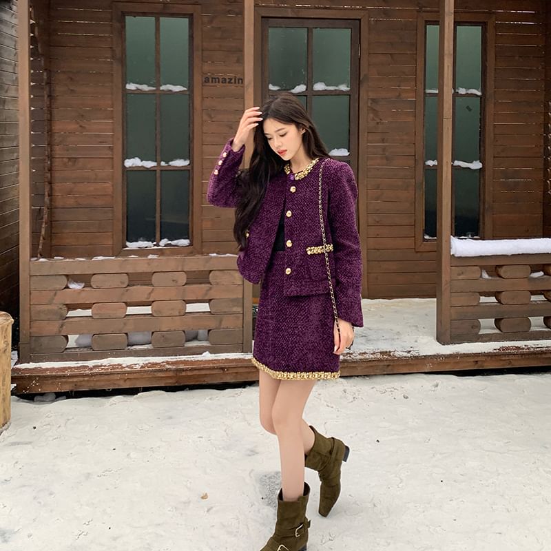 Round Neck Tweed Buttoned Jacket / High Waist Mini A-Line Skirt