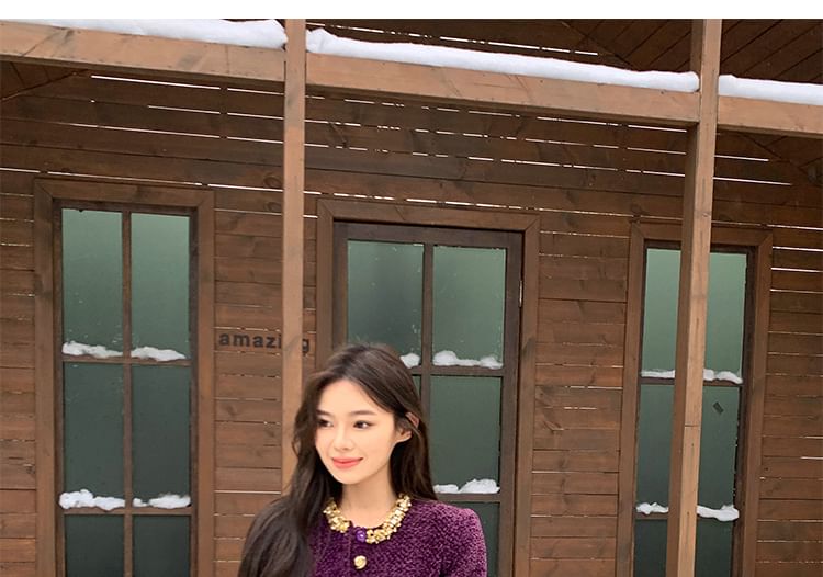 Round Neck Tweed Buttoned Jacket / High Waist Mini A-Line Skirt