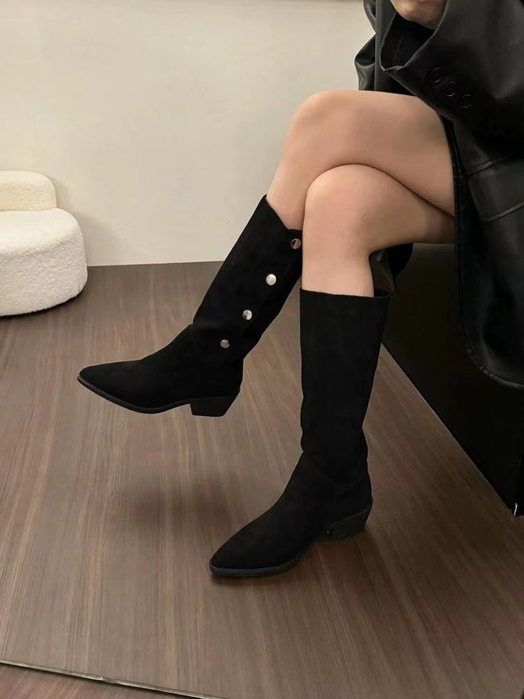 Pointed Faux Button Suede Toe Boots Knee High