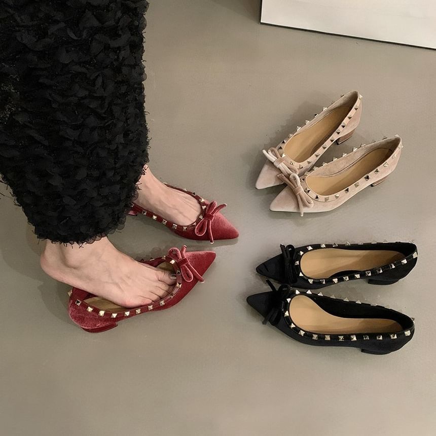 Velvet Pointed Studded Toe Pumps Bow