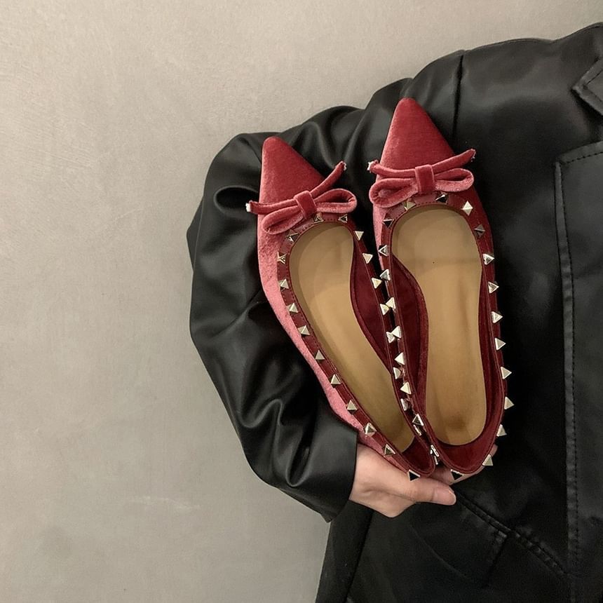 Velvet Pointed Studded Toe Pumps Bow