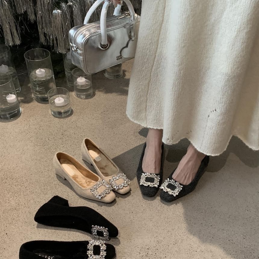 Buckle Block Square Toe Pumps Rhinestone Heel