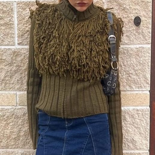 Mock Neck Fringe Panel Zip Front Cardigan