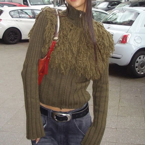 Mock Neck Fringe Panel Zip Front Cardigan