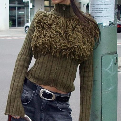Mock Neck Fringe Panel Zip Front Cardigan