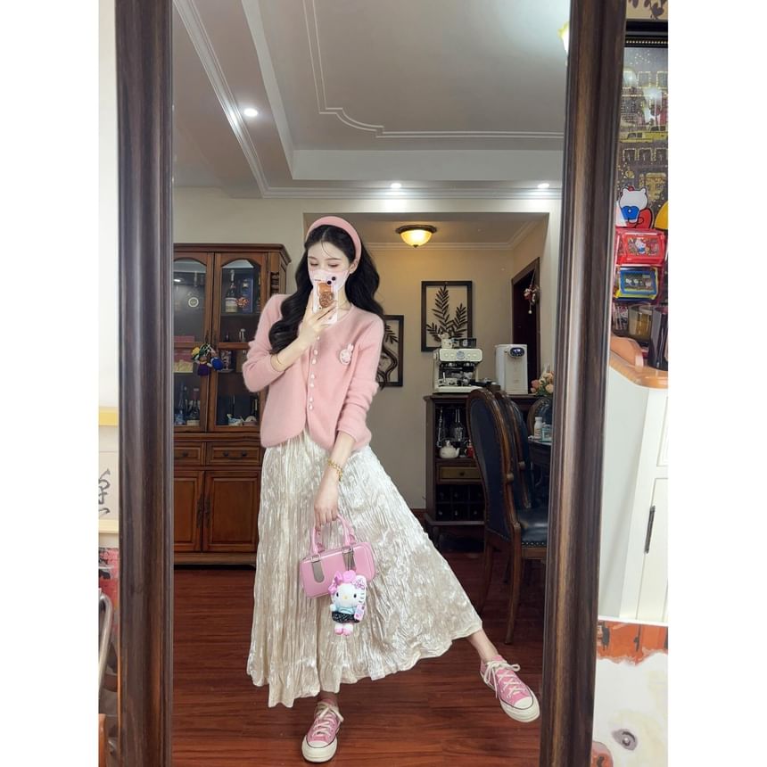Round Neck Cardigan with High-Waisted Crinkled Velvet Maxi Skirt