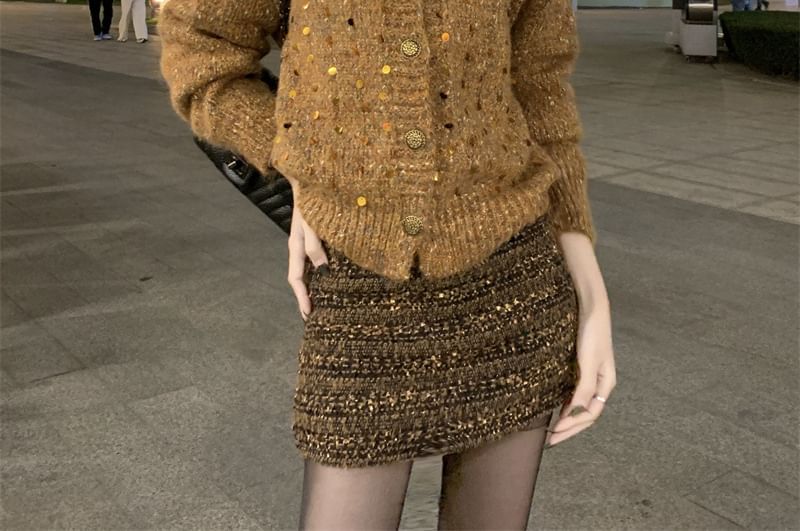 Melange Sequin Cardigan & Pintuck Lace Blouse & Tweed Skirt Set