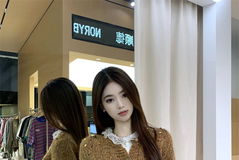 Crew Neck Melange Sequin Cardigan / Long Sleeve Collared Plain Pintuck Panel Lace Blouse / High Rise Tweed Mini A-Line Skirt