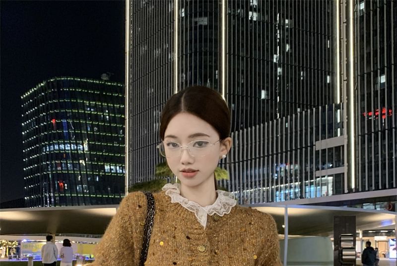 Crew Neck Melange Sequin Cardigan / Long Sleeve Collared Plain Pintuck Panel Lace Blouse / High Rise Tweed Mini A-Line Skirt