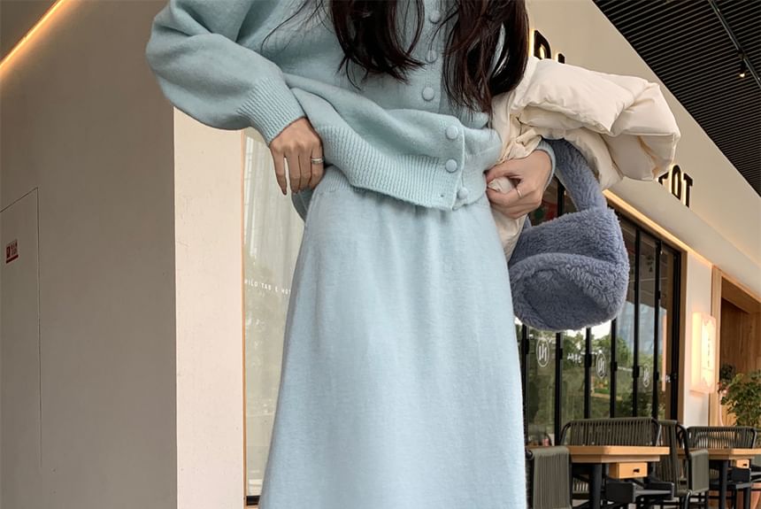 Stand Collar Cardigan & High-Rise Knit Skirt & Puffer Vest Set