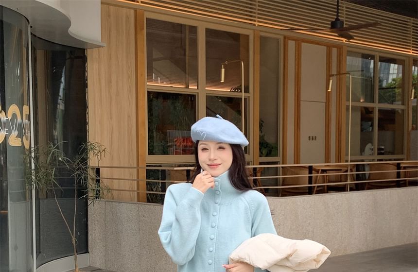 Stand Collar Cardigan & High-Rise Knit Skirt & Puffer Vest Set