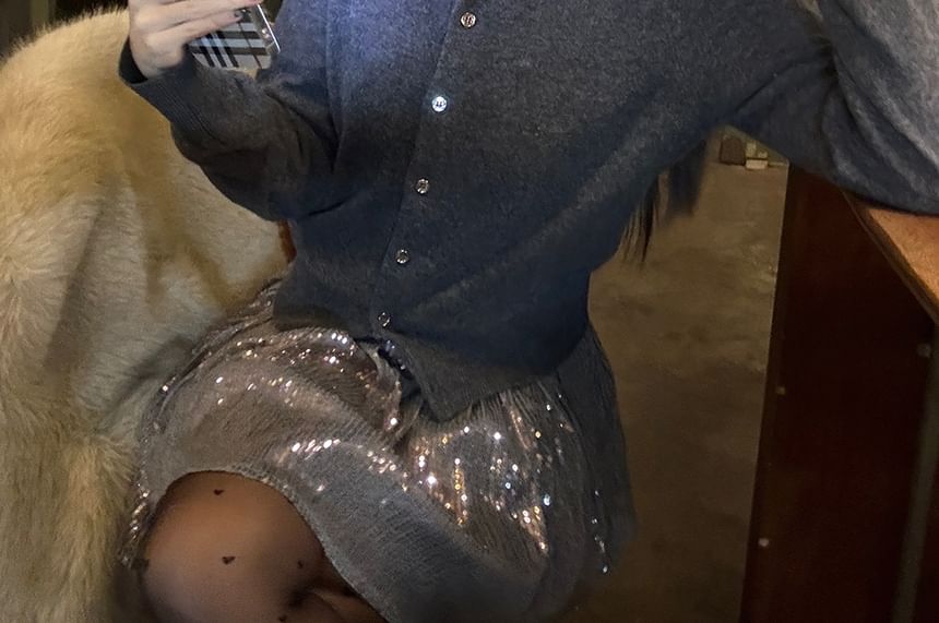 Sequin Round Neck Cardigan & High-Waist Mini A-Line Skirt Set