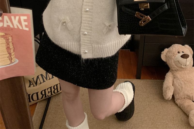 Round Neck Bow Faux Pearl Button Cardigan / High Rise Tweed Mini A-Line Skirt
