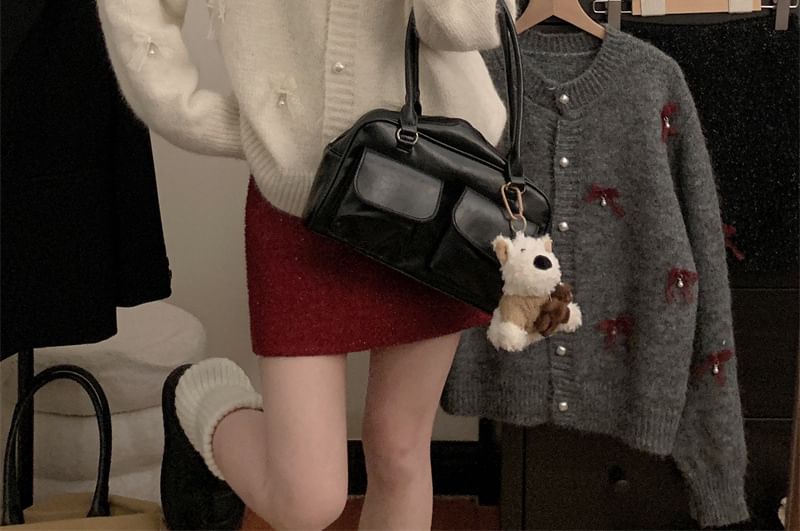 Round Neck Bow Faux Pearl Button Cardigan / High Rise Tweed Mini A-Line Skirt