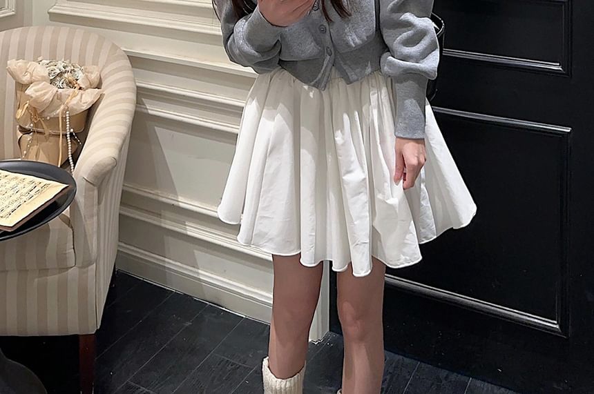Mock Neck Cardigan & High-Waist Mini A-Line Skirt Set