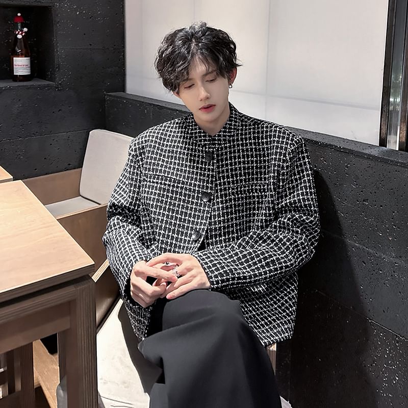 Stand Collar Plaid Button-Up Tweed Jacket