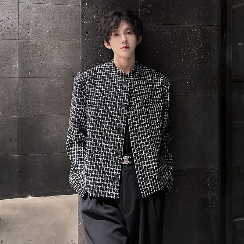 Stand Collar Plaid Button-Up Tweed Jacket