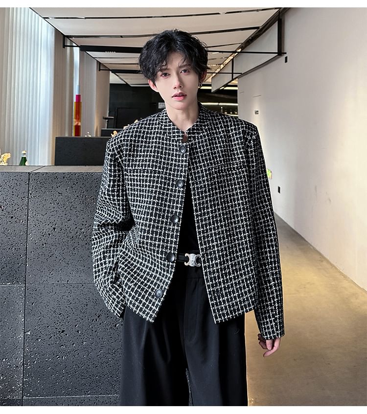 Stand Collar Plaid Button-Up Tweed Jacket