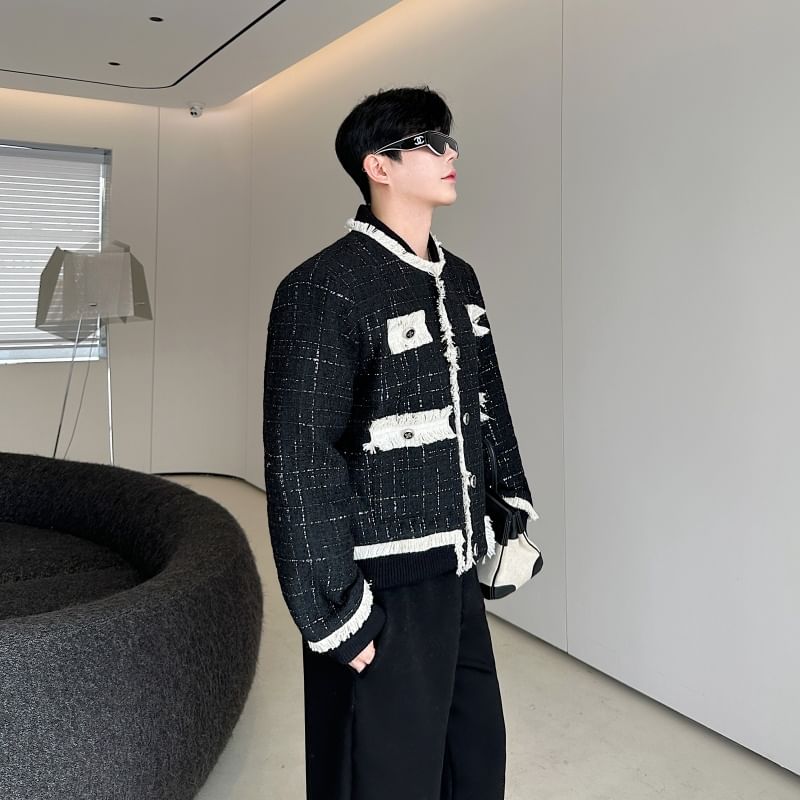 Crew Neck Contrast Trim Fringed Button-Up Tweed Jacket