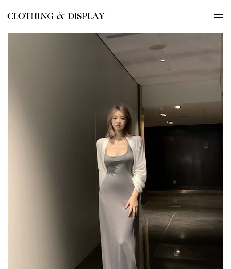 Spaghetti Strap Midi Bodycon Dress & Cardigan Set