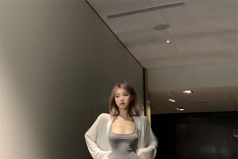 Spaghetti Strap Midi Bodycon Dress & Cardigan Set