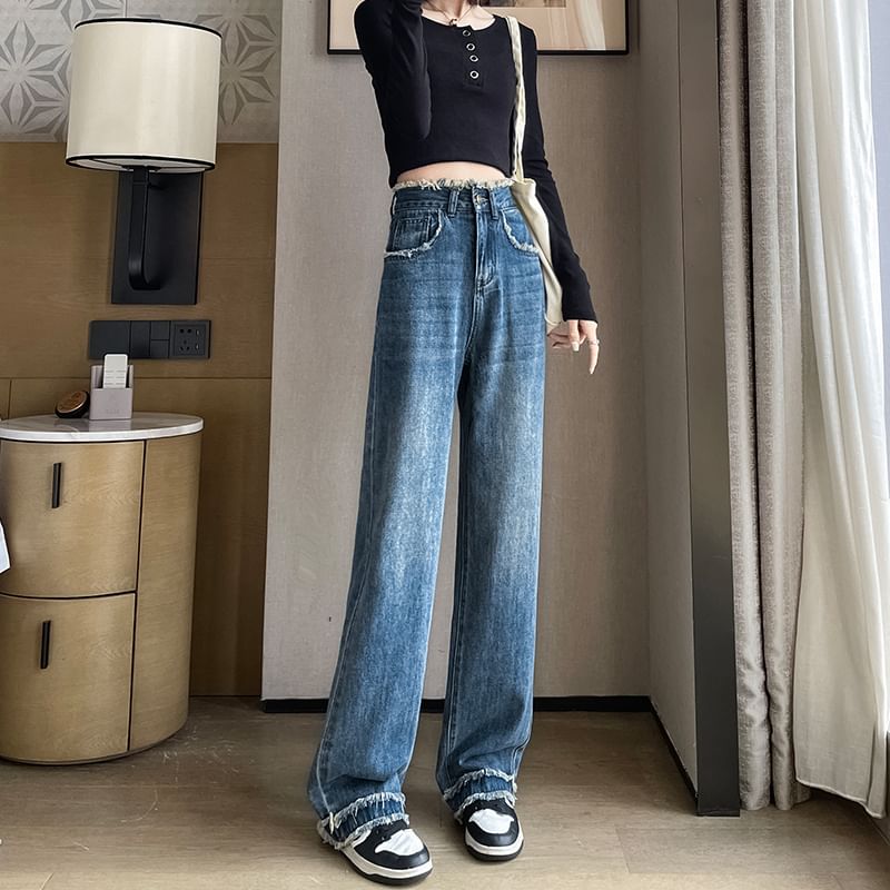 Loose High Fit (Various Jeans Waist Designs) Washed Frayed
