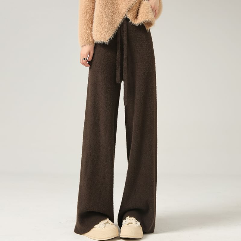 Leg High Waist Pants Knit Wide Plain
