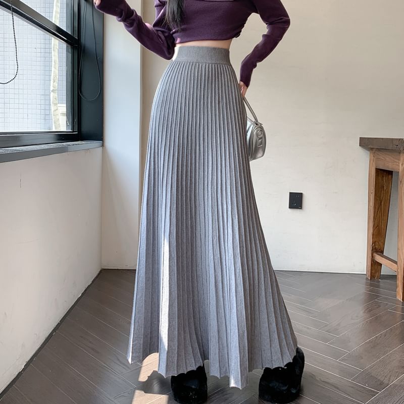 High Rise Maxi Plain A-Line Knit Skirt