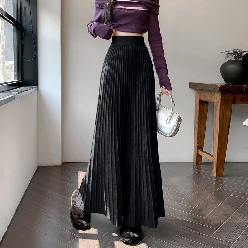 High Rise Maxi Plain A-Line Knit Skirt