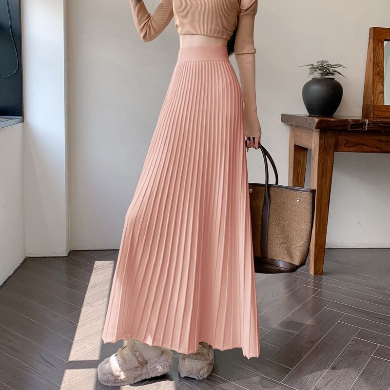 High Rise Maxi Plain A-Line Knit Skirt