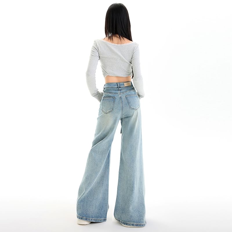 (Various Designs) Mid Rise Leg Jeans Washed Wide