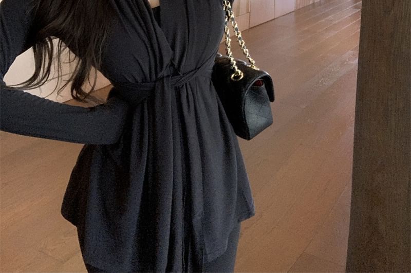 Waist Plain Shawl Tie Collar Cardigan