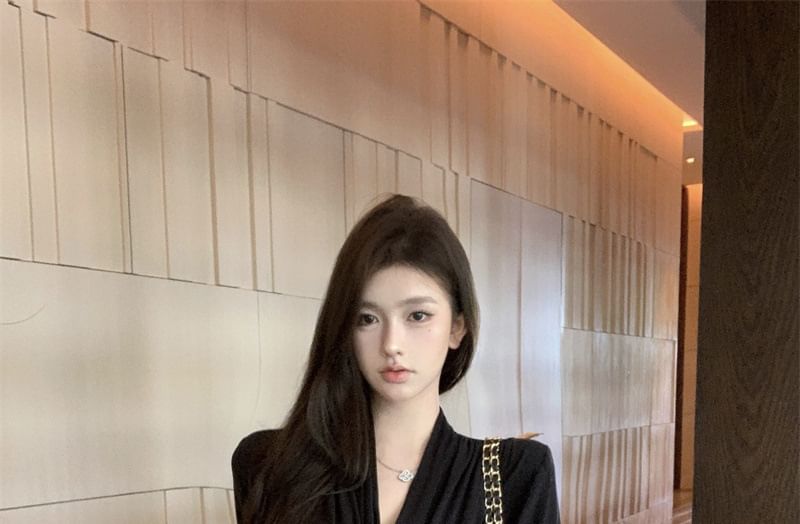 Waist Plain Shawl Tie Collar Cardigan