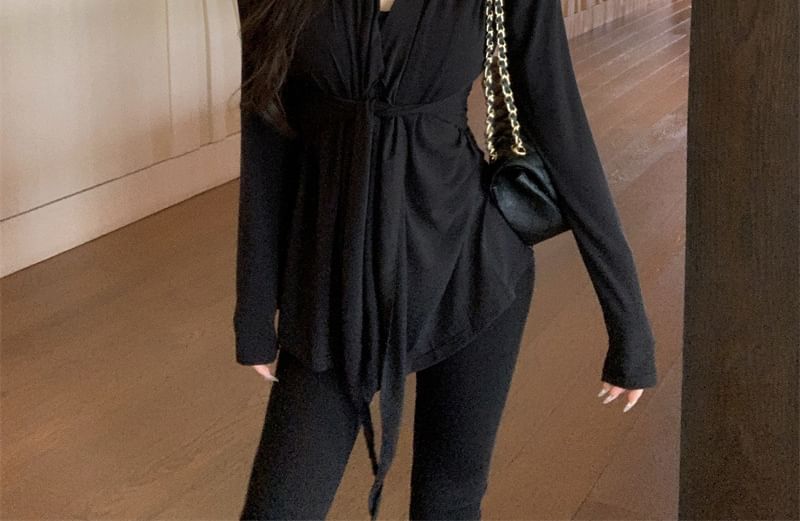 Waist Plain Shawl Tie Collar Cardigan