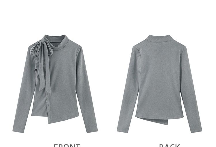 Plain Stand Long-Sleeve Collar T-Shirt Asymmetrical Button-Up