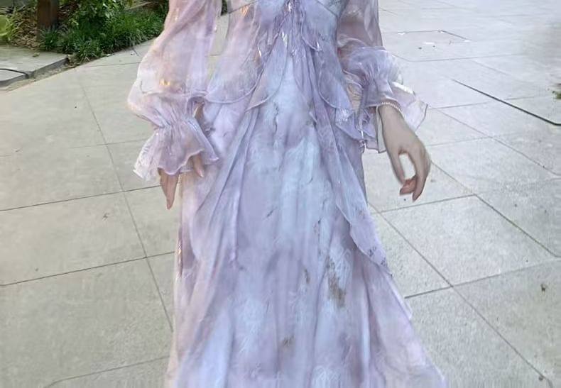 Cold Accent Tie Maxi Shoulder A-Line Ruffle Dress Trim Long-Sleeve Butterfly Dye