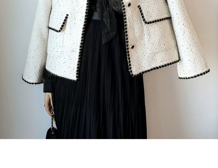 V-Neck Sequin Contrast Trim Button-Up Tweed Jacket