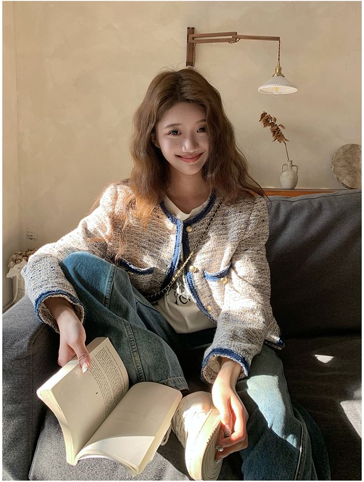 Round Neck Contrast Trim Tweed Button Jacket