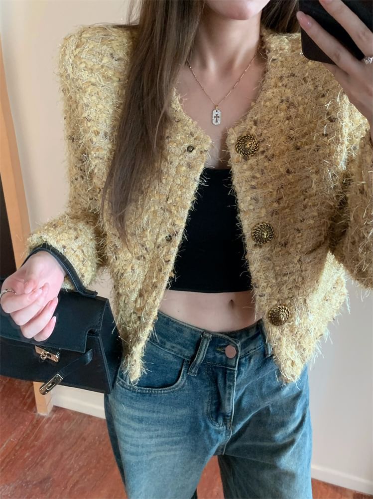 U-Neck Tweed Button-Up Jacket