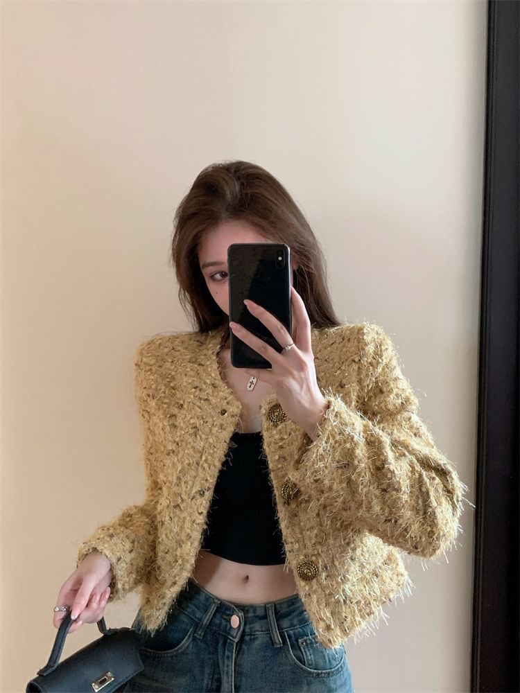 U-Neck Tweed Button-Up Jacket