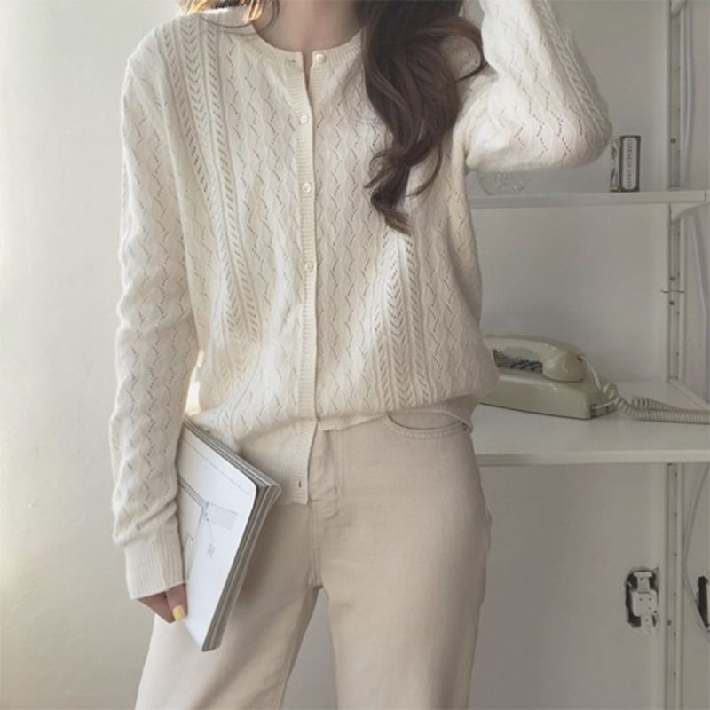 Long Sleeve Pointelle Lightweight Cardigan - Plain