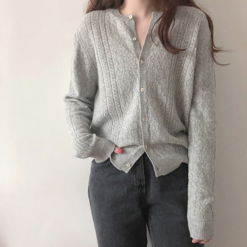 Long Sleeve Pointelle Lightweight Cardigan - Plain