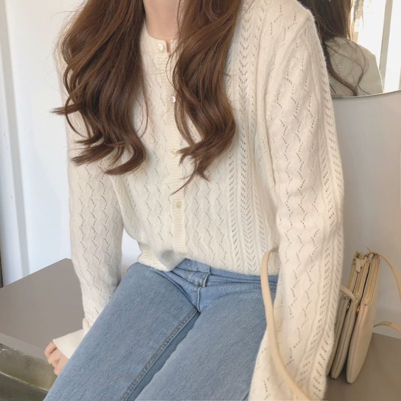 Long Sleeve Pointelle Lightweight Cardigan - Plain