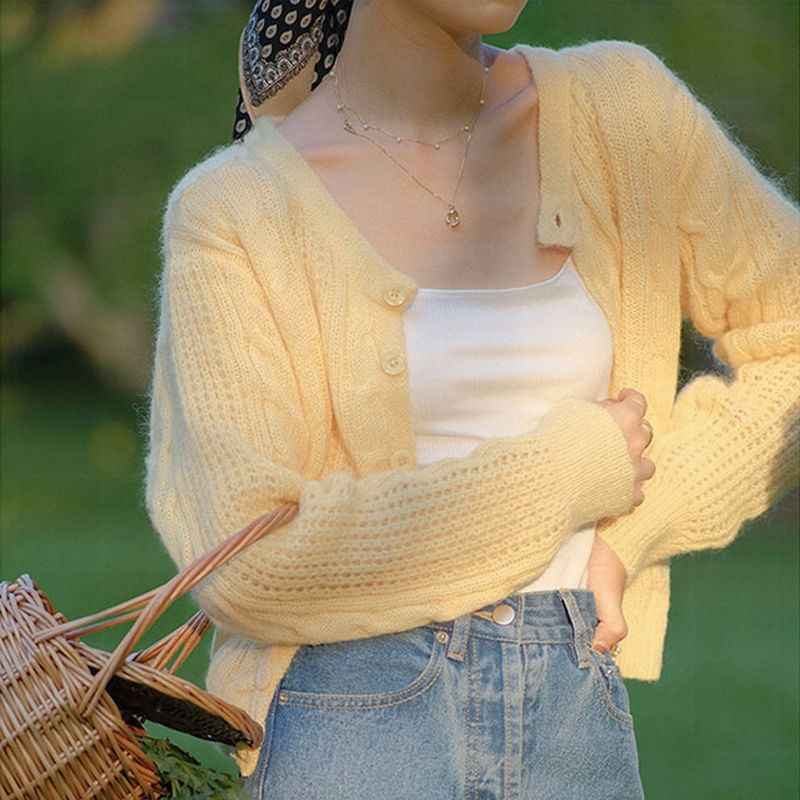 Loose-Fit Pointelle Cardigan - Long Sleeve Plain