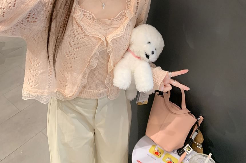 Lace Camisole & V-Neck Pointelle Knit Cardigan Set