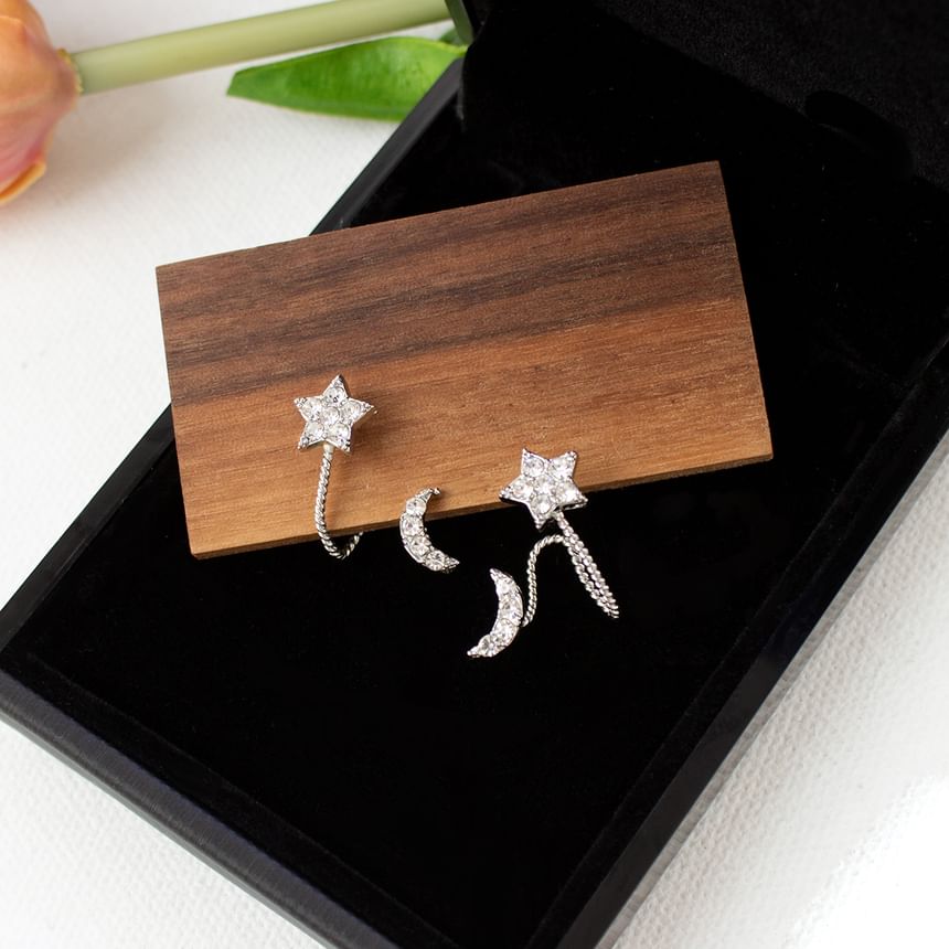 / Rhinestone Crescent Earring Climber Star On Clip