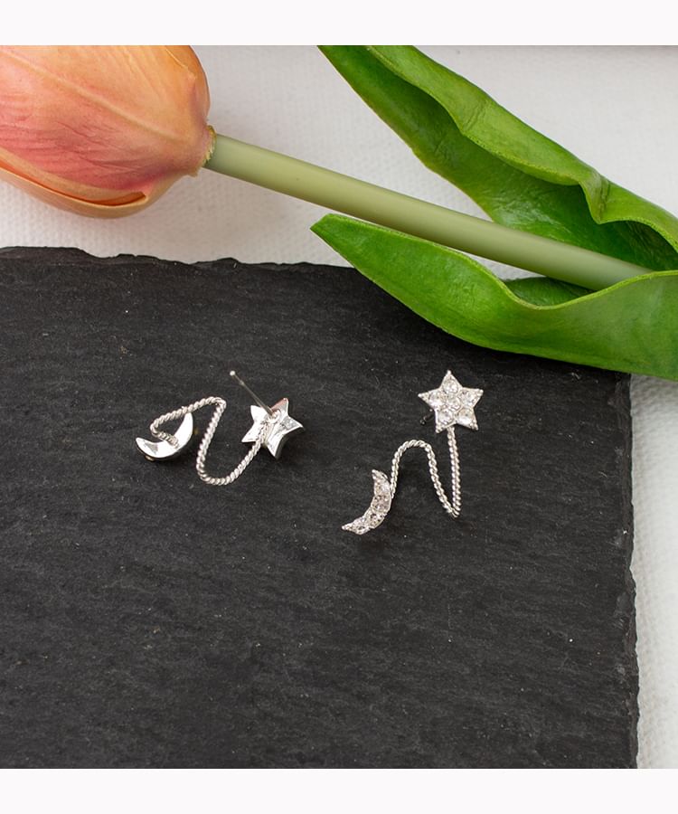 / Rhinestone Crescent Earring Climber Star On Clip
