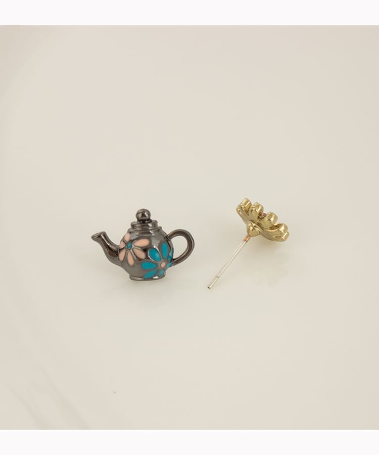 Teapot Flower Clip Enamel On Earring Asymmetrical Stud /