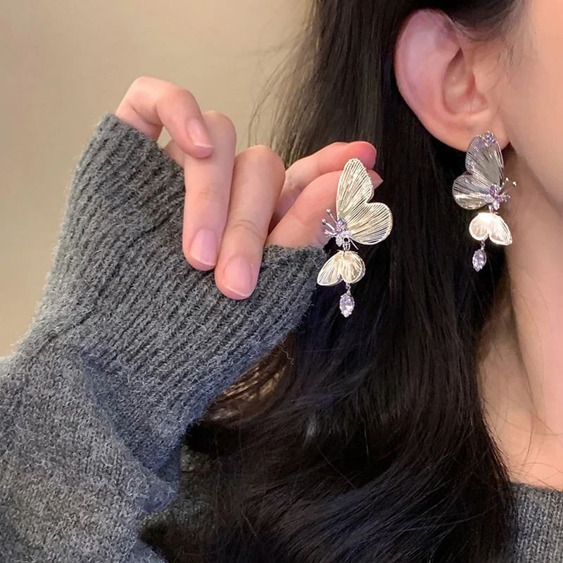 Earring On Rhinestone Clip / Drop Butterfly